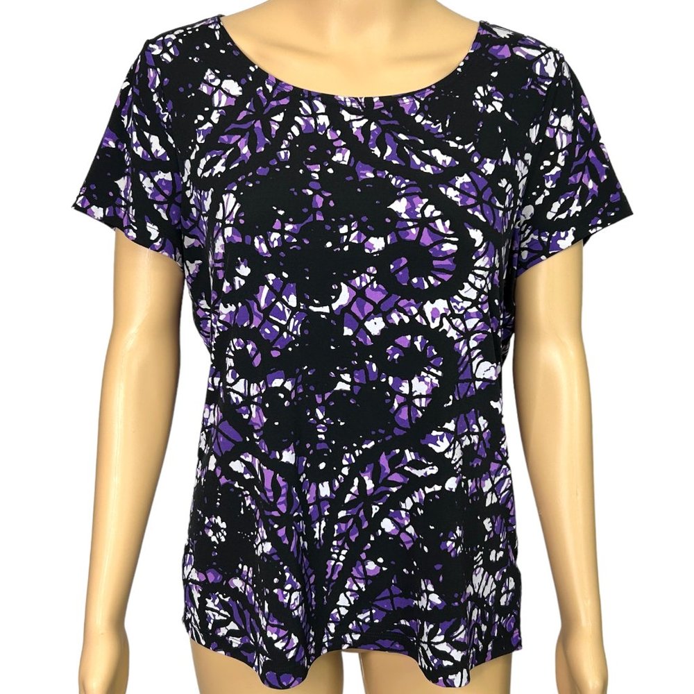 East 5th Womens M Blouse Black Lace Looking Print Over White Purple Floral Shirt